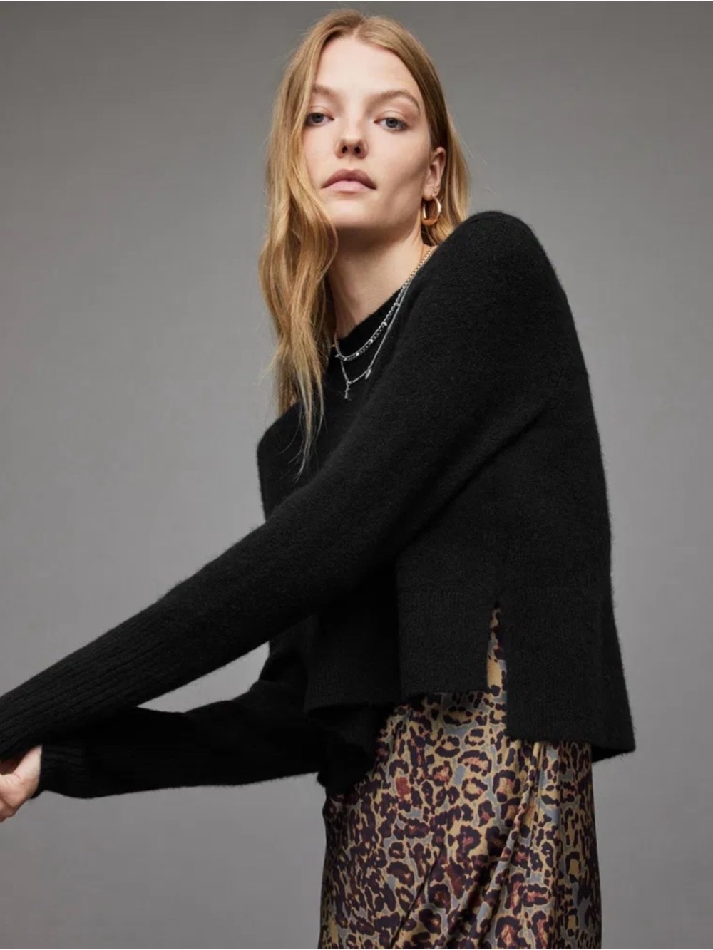AllSaints Black Crewneck Side-Slit Sweater